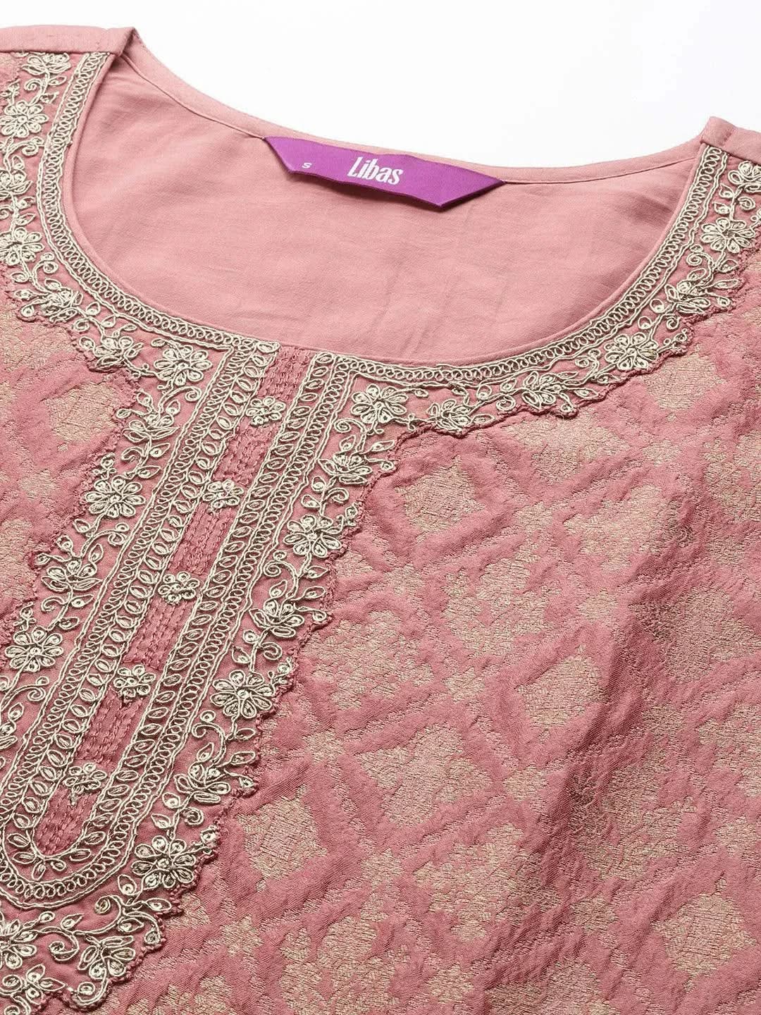 Peach Self Design Silk Blend Straight Kurta With Dupatta