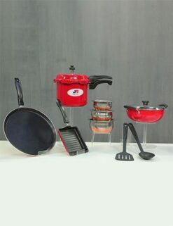 9 Pcs Colored Non Stick Cookware Set & Pressure Cooker Combo Color - Red