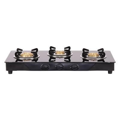 Glory 3 Burner Glass Cooktop, Black 8mm Toughened Glass With 2 Years Warranty, Ergonomic Knobs, Stainless Steel Drip Tray, Manual Ignition Gas Stove