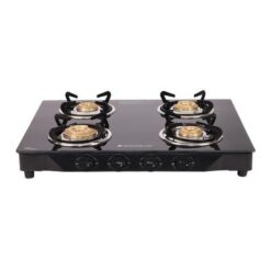 Glory 4 Burner Glass Cooktop, Black 8mm Toughened Glass With 2 Years Warranty, Ergonomic Knobs, Stainless Steel Drip Tray, Manual Ignition Gas Stove