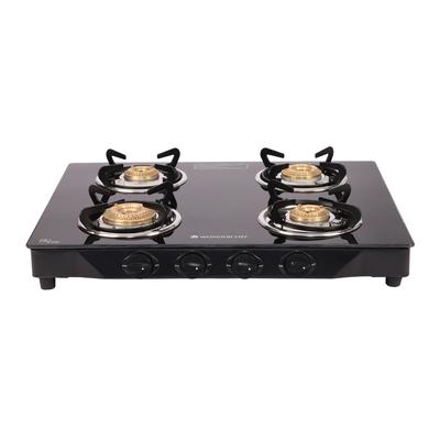 Glory 4 Burner Glass Cooktop, Black 8mm Toughened Glass With 2 Years Warranty, Ergonomic Knobs, Stainless Steel Drip Tray, Manual Ignition Gas Stove