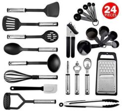 KITCHEN UTENSIL SET, 24 NYLON AND STAINLESS STEEL COOKING UTENSILS, NON-STICK AND HEAT RESISTANT COOKING UTENSILS SET, BEST KITCHEN TOOLS, USEFUL POTS AND PANS ACCESSORIES AND KITCHEN GADGETS (BLACK)