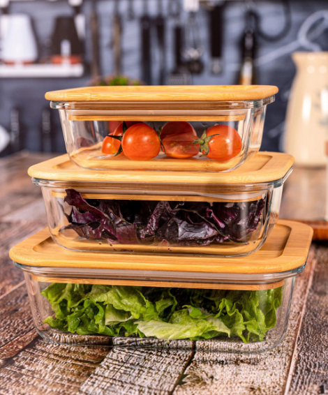 GOODHOMES Set Of 3 Glass Storage Box With Airtight Wooden Lid