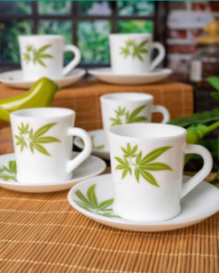Laopala White & Lime Green 12 Pcs Printed Opalware Cups and Saucers Set