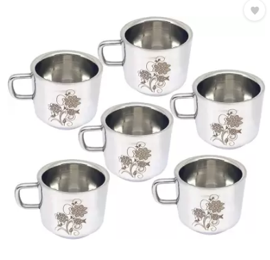 bartan hub Pack of 6 Steel Double walled Tea Cup Set of 6 (stainless steel , Laser Finished , 120 ml) (Steel)