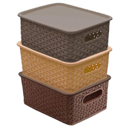 Kuber Industries Plastic 3 Pieces Extra Small Size Multipurpose Solitaire Storage Basket with Lid (Multicolour) - CTKTC023261, Standard, Brown