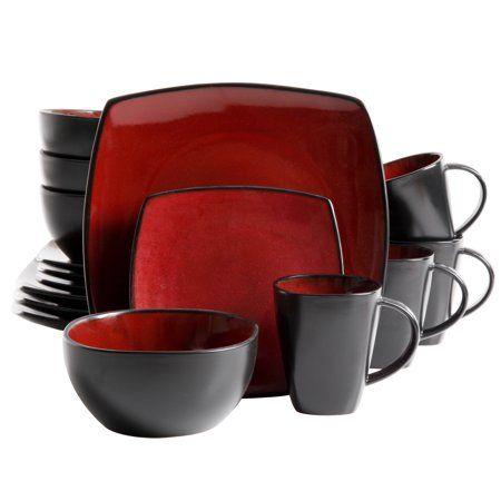 Gibson Home Soho Lounge Square Stoneware 16-Piece Dinnerware Set, Red