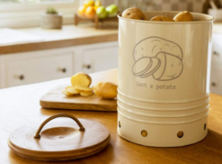 egg shell metal potato storage bin with wooden lid