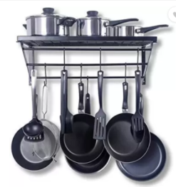 Kitchen Wall Pot Rack with Hooks Decorative Wall Mounted Storage Rack Multi-Purpose Shelf Organizer Great for Kitchen Cookware, Utensils, Pans, Books, Household Items, Utensil Kitchen Rack (Steel)