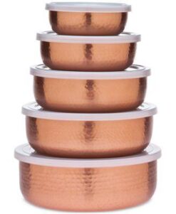 5 Piece Hammered Copper Plated Stackable Storage Bowl Set with Lids by Top Shelf